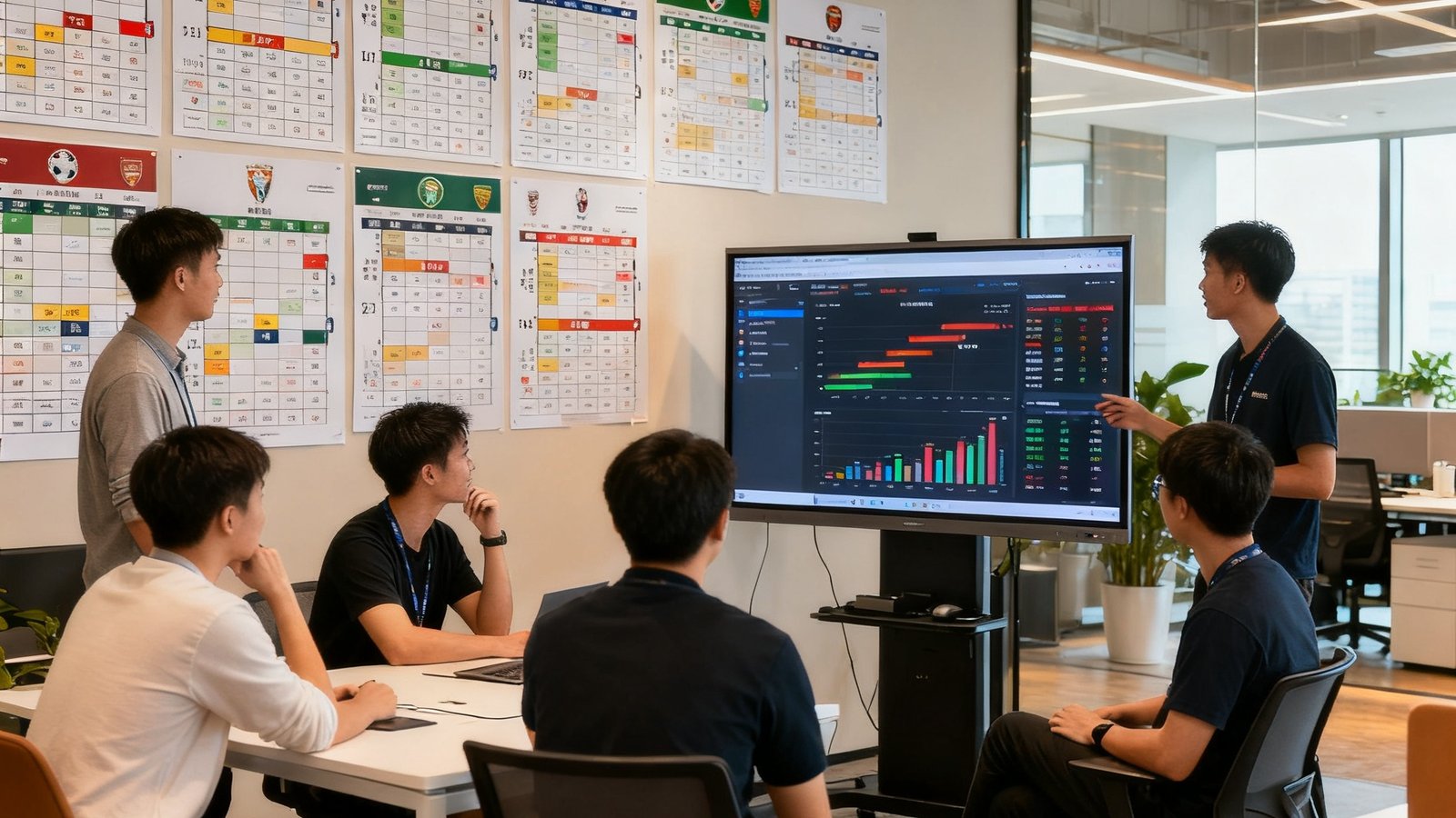 开云体育深圳总部开放式办公区，年轻的产品和技术团队成员围绕大屏幕讨论赛事数据可视化方案，墙上贴满各联赛赛程表