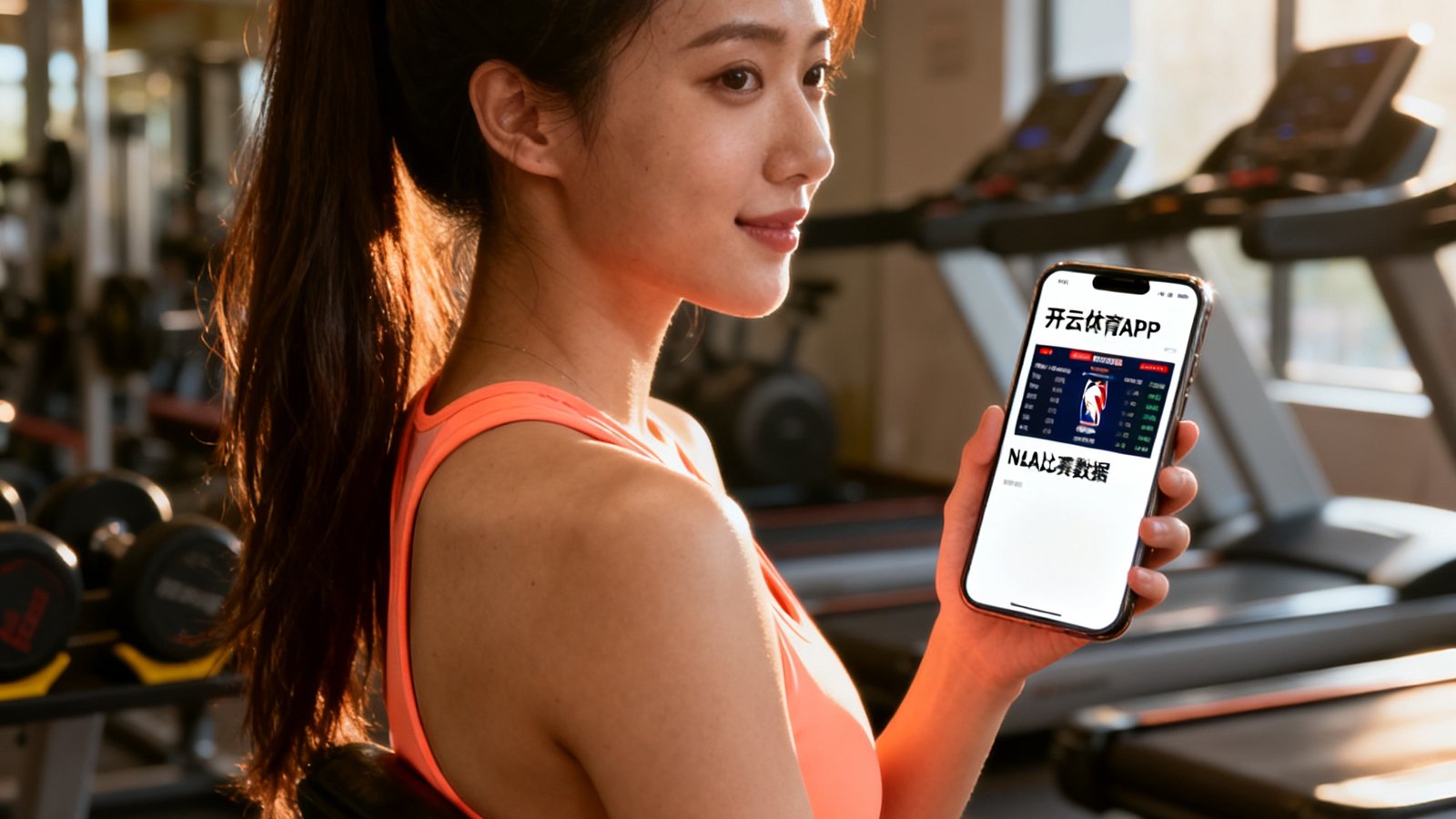 一位25岁左右的女性健身爱好者，扎着高马尾，穿着运动背心，在健身房休息时用开云体育APP查看NBA比赛数据